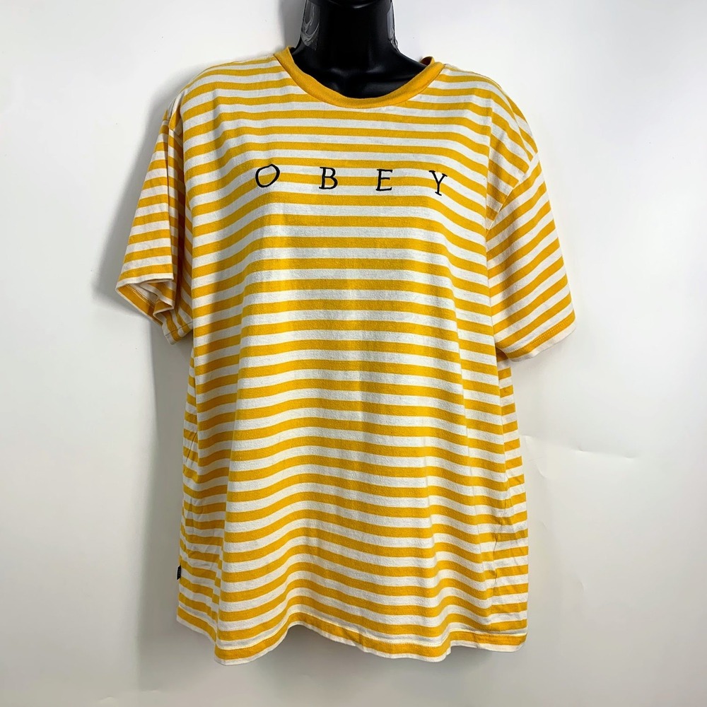 OBEY Yellow‎ White Stripe Logo T Shirt Size Small